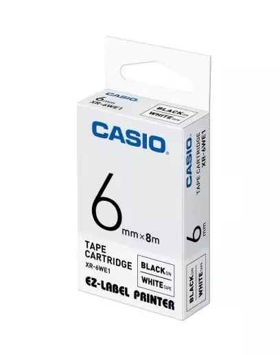 Casio XR-6WE1 — 6mm Black on White Label Tape Cassette — 8m | For Casio KL Series Label Printers