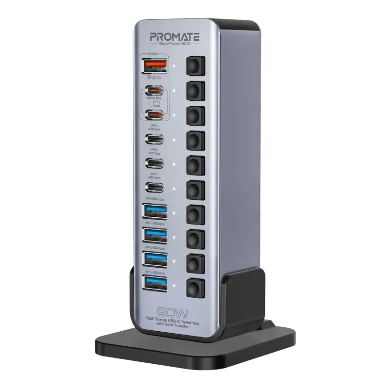 Promate Fast Charge Multi-Port Tower Hub 14-in-1 5Gbps Data Transfer - Grey | GEGATOWER-60W