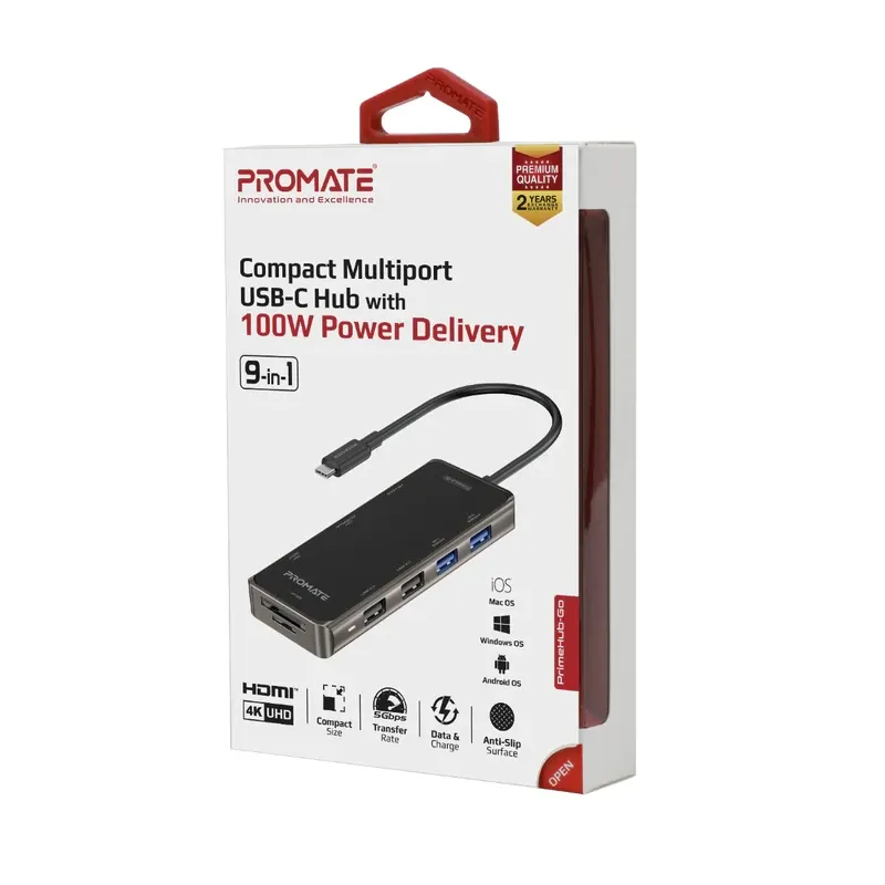Promate 9-in-1 Compact Multiport USB-C Hub with 100W Power Delivery | PrimeHub-Go