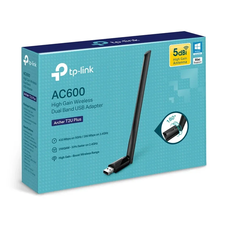 TP-Link Archer T2U Plus — AC600 High-Gain Dual-Band USB Wi-Fi Adapter | 5dBi Antenna