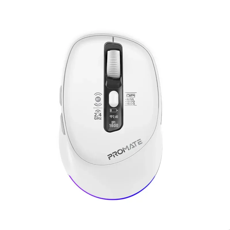 Promate Silent-Click 1600DPI Triple-Mode Rechargeable Mouse w/ Multi-Device Connectivity - White | Blix-3M