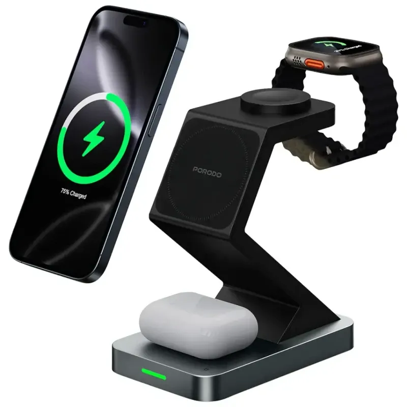 Porodo 4-In-1 Powerdock Wireless Charging Station with 360° Adjustable Viewing - Black | PDXHX3BK