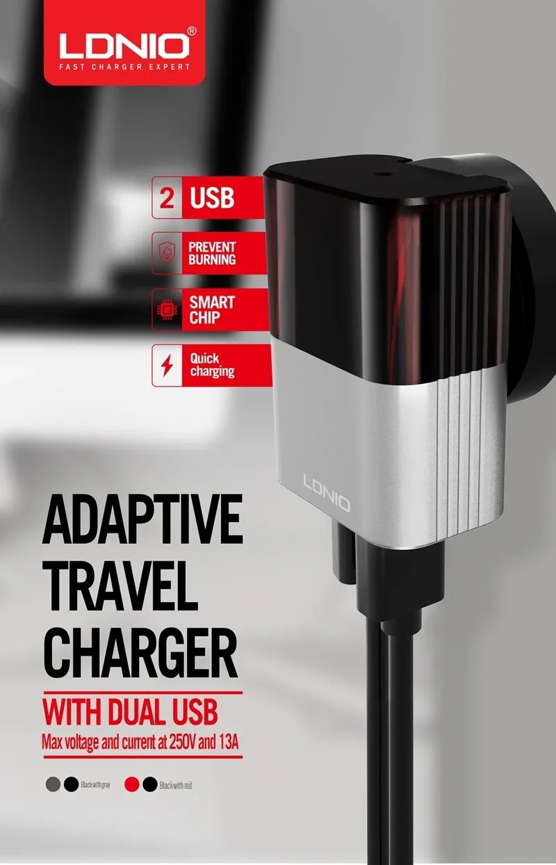 LDNIO A2206 Adaptive Travel Charger 2 USB Port AUTO-ID Charger 2.4A, Smart chip , Prevent Burning , Quick Charging