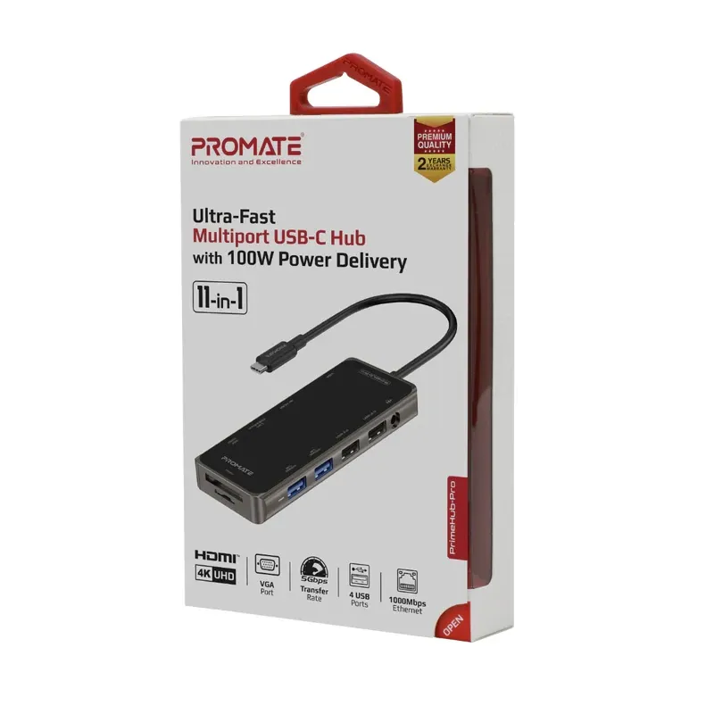 Promate 11-in-1 Ultra-Fast Multiport USB-C Hub with 100W Power Delivery | PrimeHub-Pro