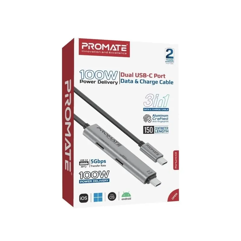 Promate Dual USB-C Port Data & Charge Cable 100W Power Delivery – Grey | PORTLINK-C3