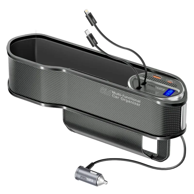 PROMATE 65W Multi‑Functional Car Organizer & Charging Station with USB‑C & Lightning Retractable Cables - Black | CarMate‑RPD