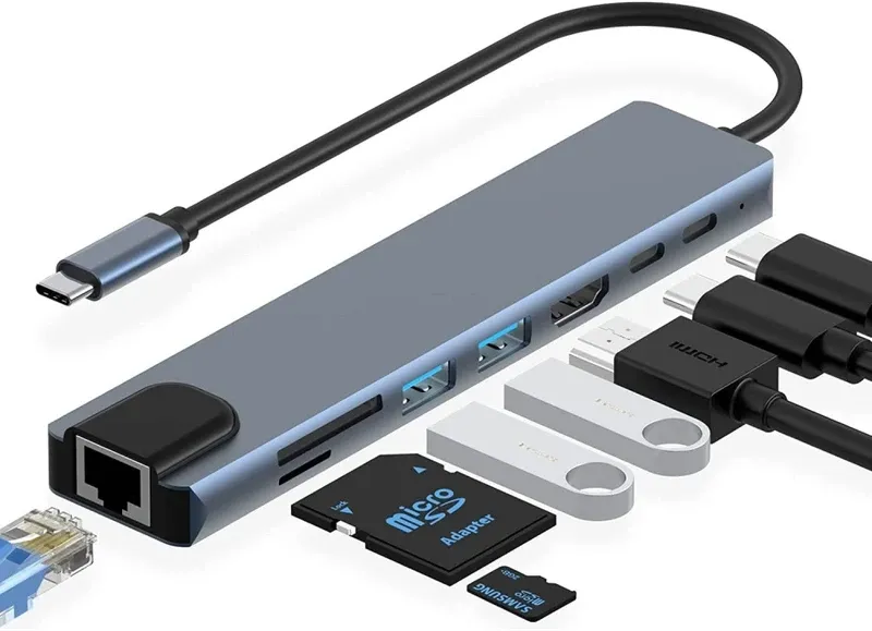 8-in-1 Type-C to HDTV Multiport Adapter - HDMI, USB, Ethernet, SD/TF, PD Charging Hub