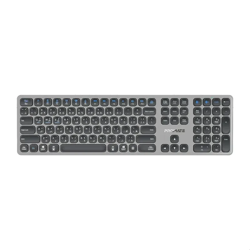 Promate ProKeys-X2 Full-Size Triple-Mode Slim Wireless Keyboard with Scissor Keys & Multi-Device Connectivity - EN/AR