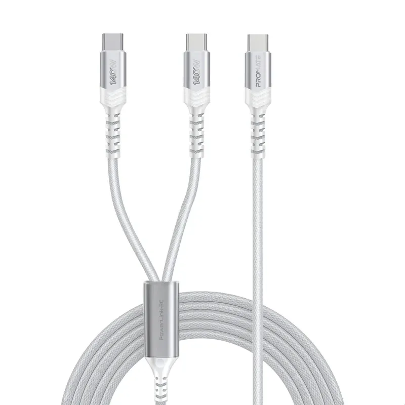 Promate 140W High-Speed Fabric Braided USB-C to Dual USB-C Charging Cable - White | PowerLink-3C.WHITE