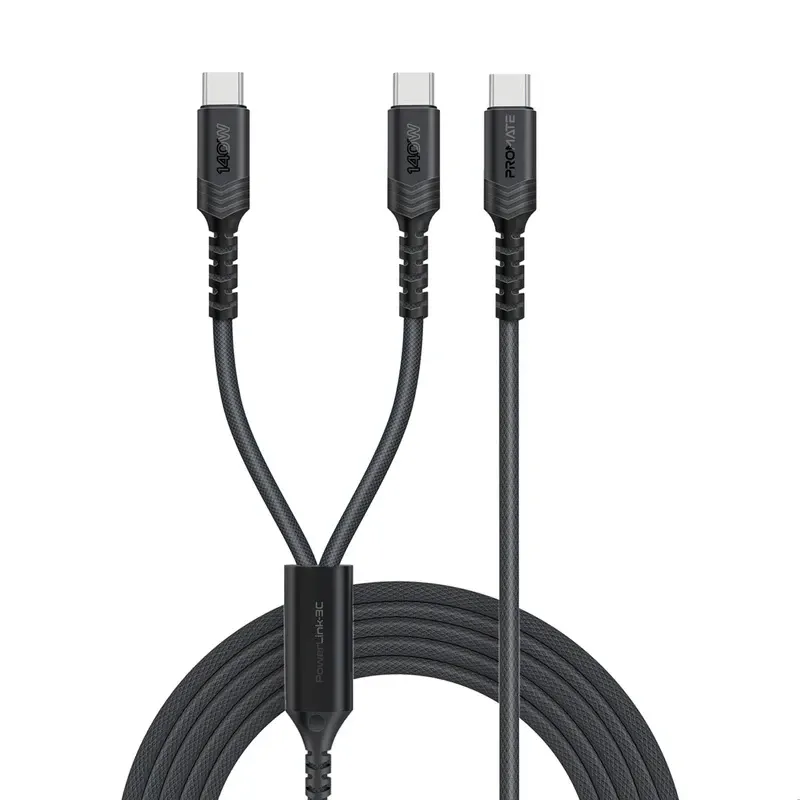 Promate 140W High-Speed Fabric Braided USB-C to Dual USB-C Charging Cable - Black | PowerLink-3C.BLACK