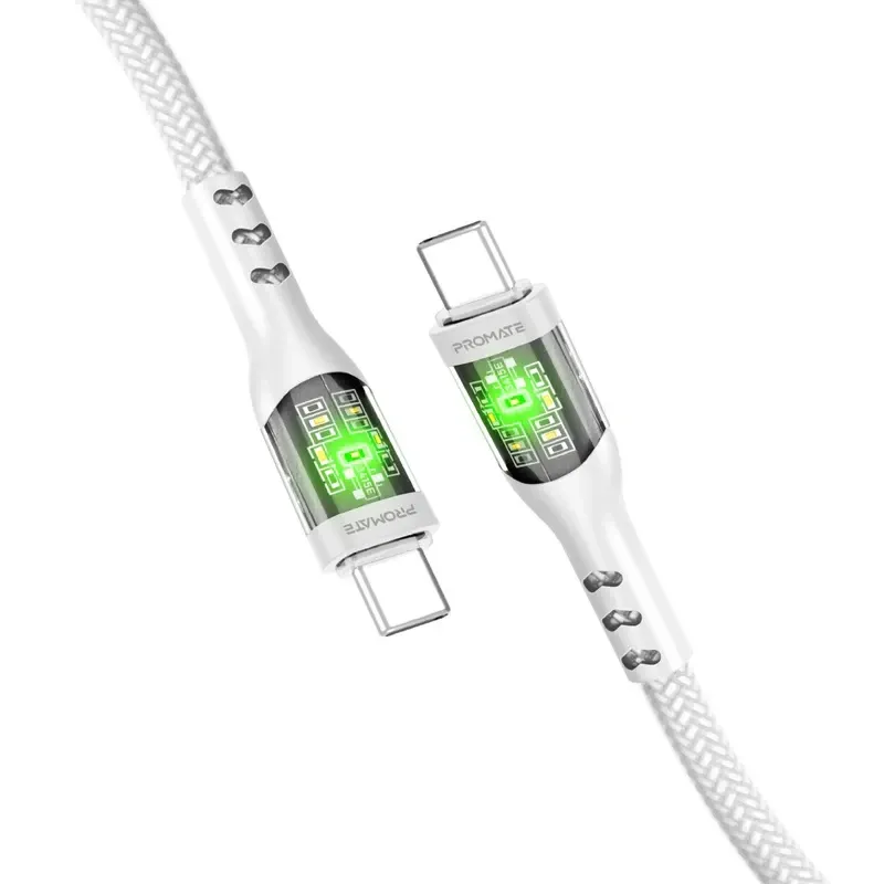 Promate 60W Power Delivery Ultra-Fast USB-C Cable with Transparent Shells - White | TransLine-CC.WHITE