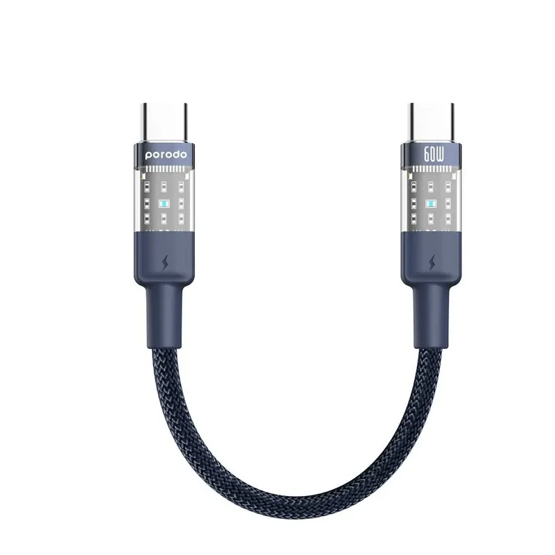 Porodo Braided Cable Transparent USB-C To USB-C Fast Charge & Data 35cm - Black | PD-60WCCTH-BK