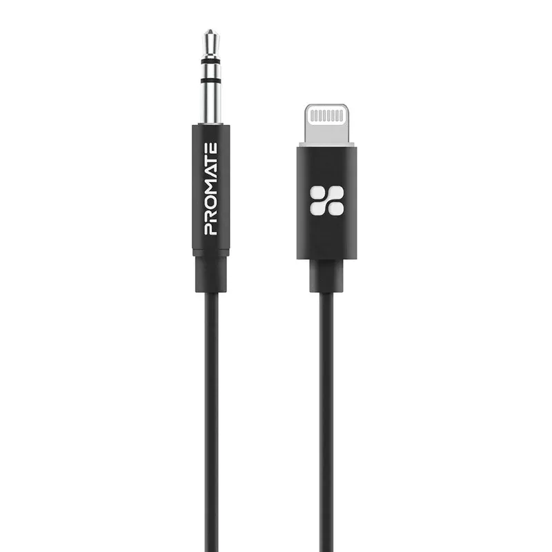 Promate MFi-certified 3.5mm Stereo Audio Cable with Lightning Connector 2M ,Black | AUDIOLINK-LT2. BLACK